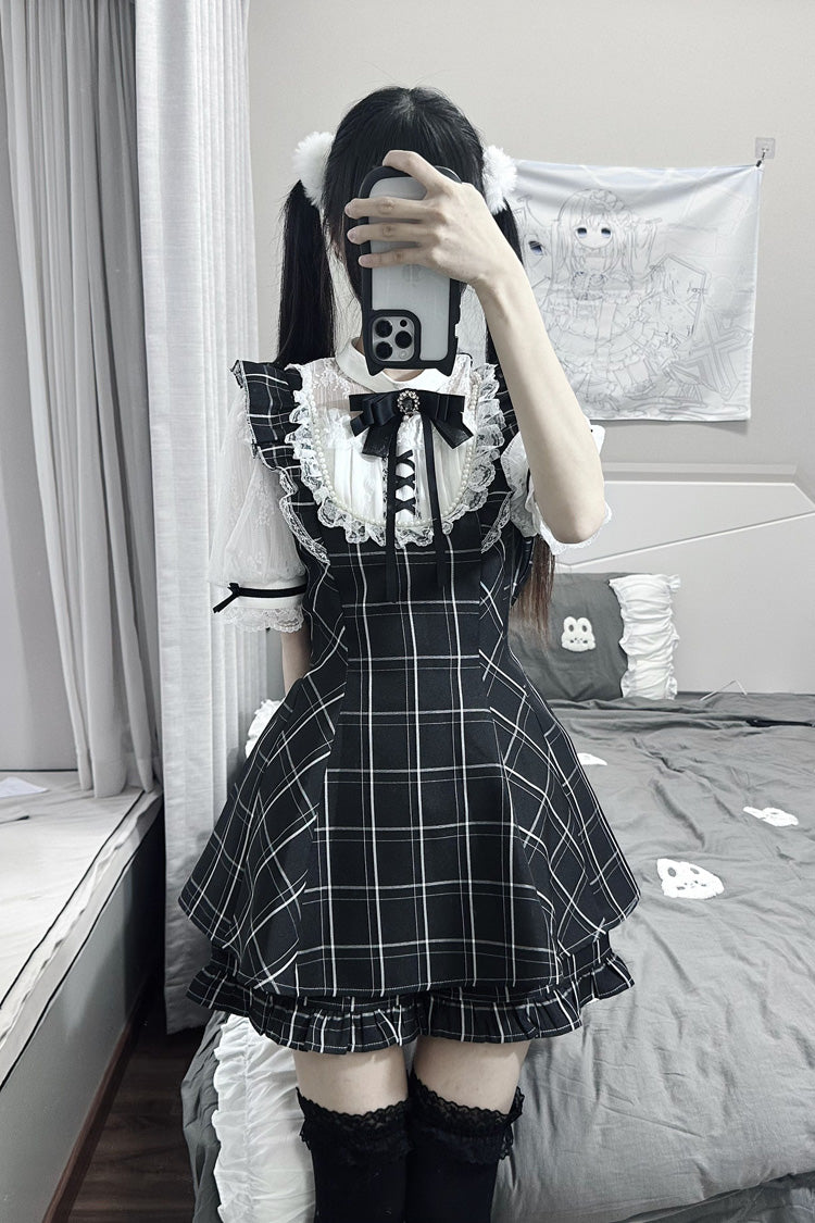 Print Bowknot Lace Gothic Jirai Kei Dress Set