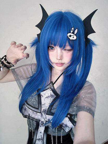 Blue 63CM Length Straight Wig With Full Bangs