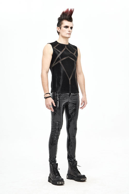 Mens Stretchy Leather Pants with Circuit Print