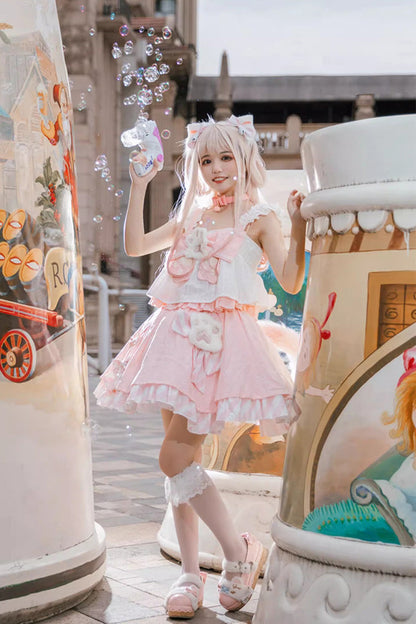 Rose Miss Meow Print Ruffle Bow Sweet Lolita Skirt Ensemble