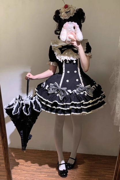Ebony Striped Layered Short Sleeves Multi Ruffle Bow Sweet Princess Lolita Tiered Dress