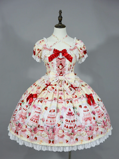 Strawberry Cake Print Yellow Sweet Bow Accents Lolita Dress / Full Set