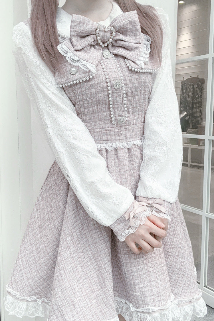 Grey Pink Bow Lace Pearl Sweet Dress