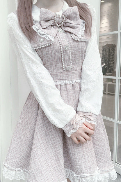 Grey Pink Bow Lace Pearl Sweet Dress