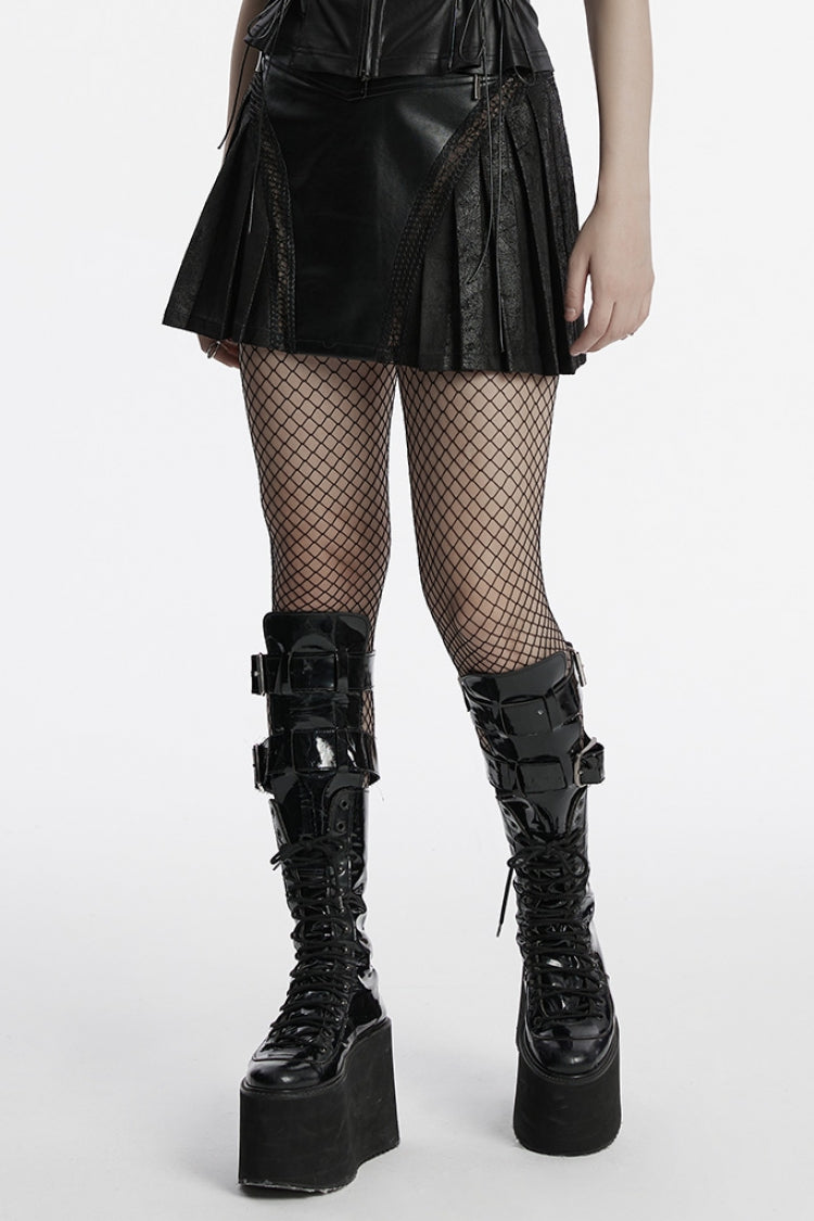 Pleated Punk Skirt with Stitching in Black Faux Leather for Women