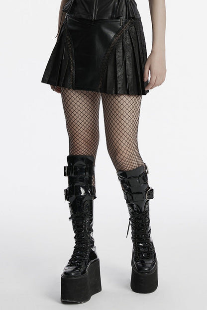 Pleated Punk Skirt with Stitching in Black Faux Leather for Women