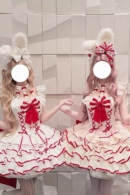 Cupid Strawberry Sleeveless Triple Layer Ruffle Bow Princess Ballet Sweet Lolita Dress 2 Colors