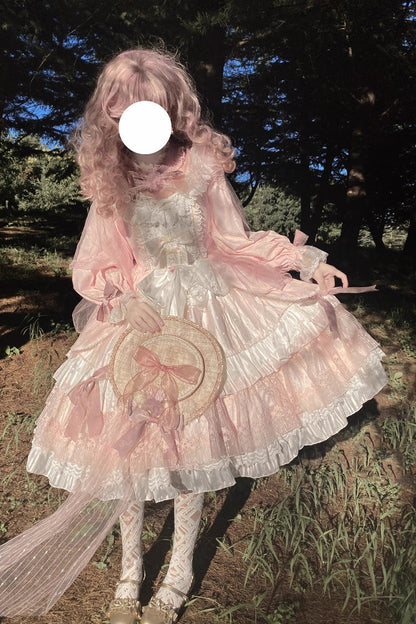 Pink OP Tiered Dress Sweet Lolita Long Sleeves Bowknot Ruffled - Altfashion Shop