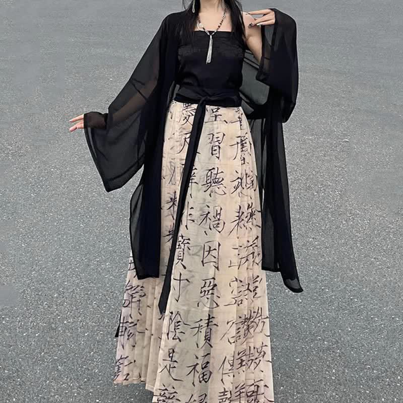 Plissierter Hanfu-Rock mit Vintage-Charakter-Print und Schnürung