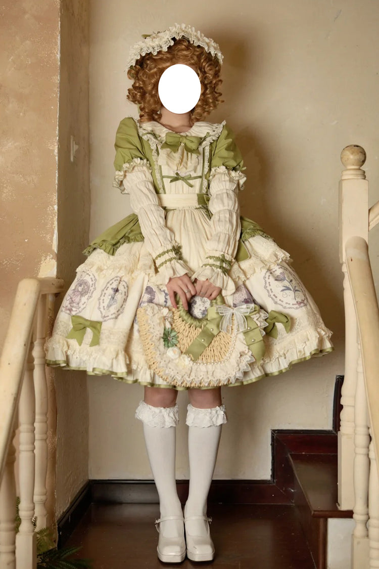 Emerald Little Ida's Flowers Short Sleeves Print Ruffle Bow Sweet Lolita Dress
