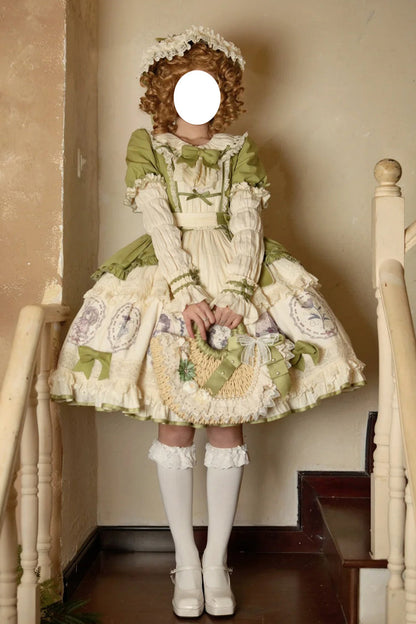 Emerald Little Ida's Flowers Short Sleeves Print Ruffle Bow Sweet Lolita Dress