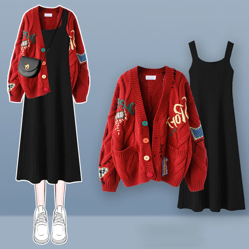 Sweater Set Colorful Embroidery Dress Slip Cardigan