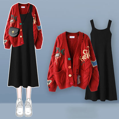 Sweater Set Colorful Embroidery Dress Slip Cardigan