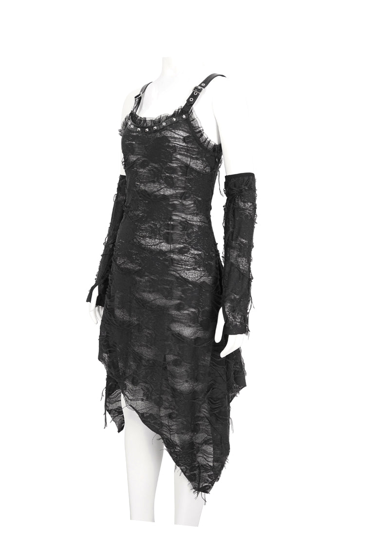 Asymmetric Strap Gothic Slip Dress with Lace Detail - NoirEdge
