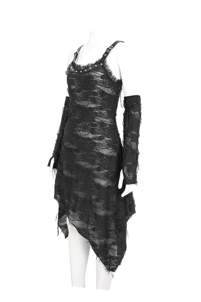 Asymmetric Strap Gothic Slip Dress with Lace Detail - NoirEdge