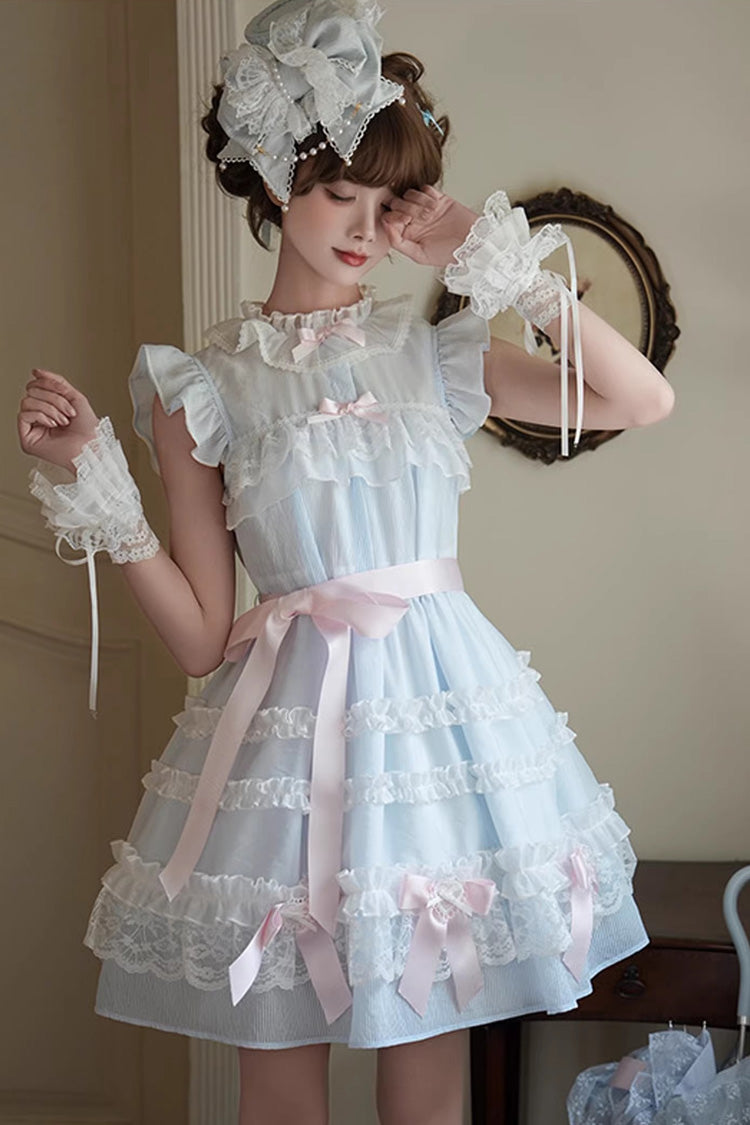 Blue Frosted Cake Stand Collar Sleeveless Ruffle Bow Lace Sweet Japanese Princess Lolita Tiered Dress