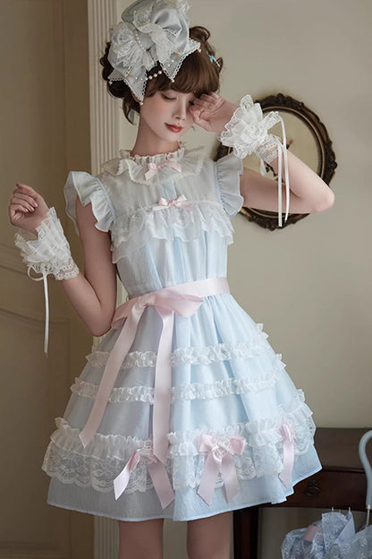 Blue Frosted Cake Stand Collar Sleeveless Ruffle Bow Lace Sweet Japanese Princess Lolita Tiered Dress