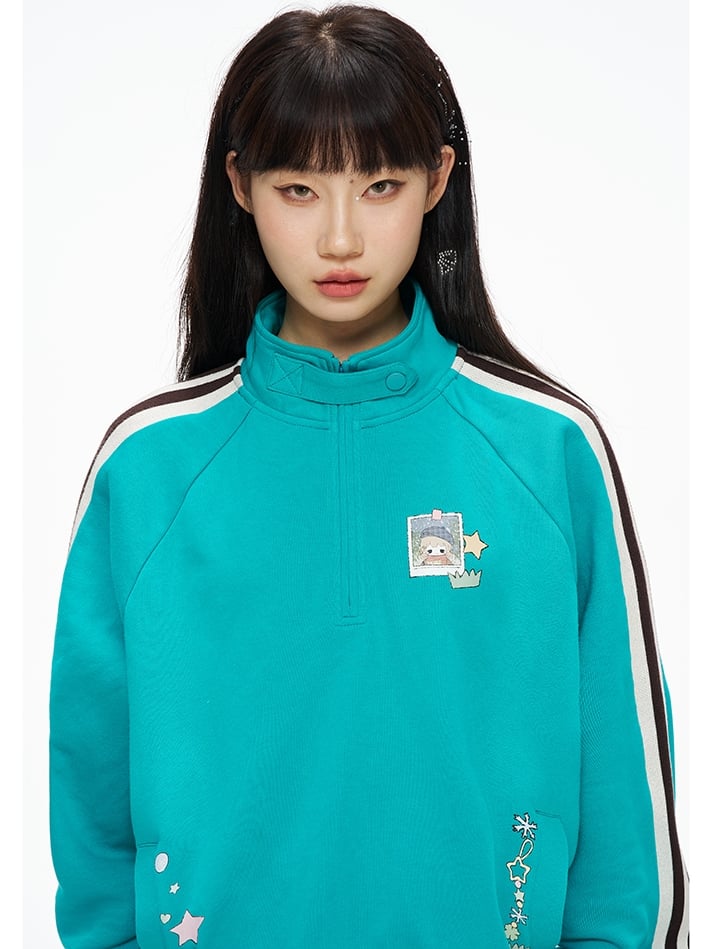 Blue High Neck Sporty Sweatshirt