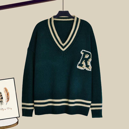 Drawstring Pants Print Sweater Letter V-neck Set Shirt