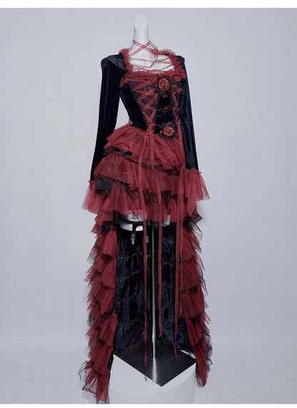 Gothic Black and Red Lace Hem Tiered High-Low Skirt