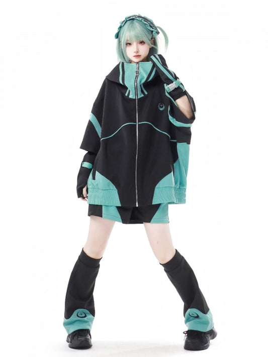 Black&Green Colorblock Zip Hoodie Jirai Kei Sweatshirt