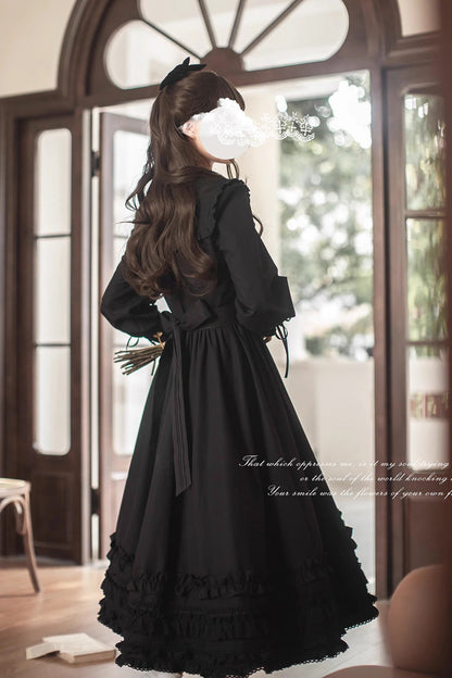 Long-Sleeved Gothic Vintage Elegant Dress with Ruffled Embroidery - Wind Kissed Tulips