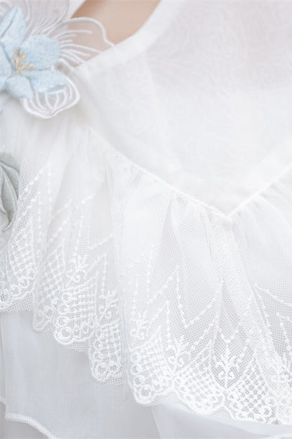 White Hydrangea Message Short Sleeves Print Ruffle Lace Sweet Chinese Style Elegant Lolita Short Dress