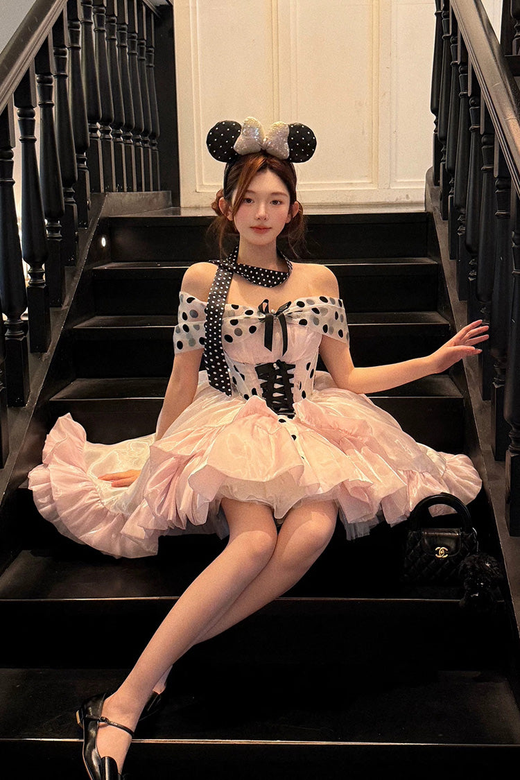 Rose Polka Coronation Sleeveless Printed Ruffle Bow Back Corset Lace Princess Gown