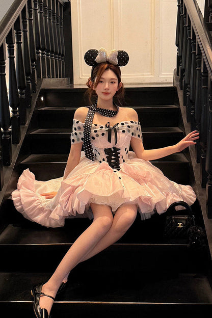 Rose Polka Coronation Sleeveless Printed Ruffle Bow Back Corset Lace Princess Gown