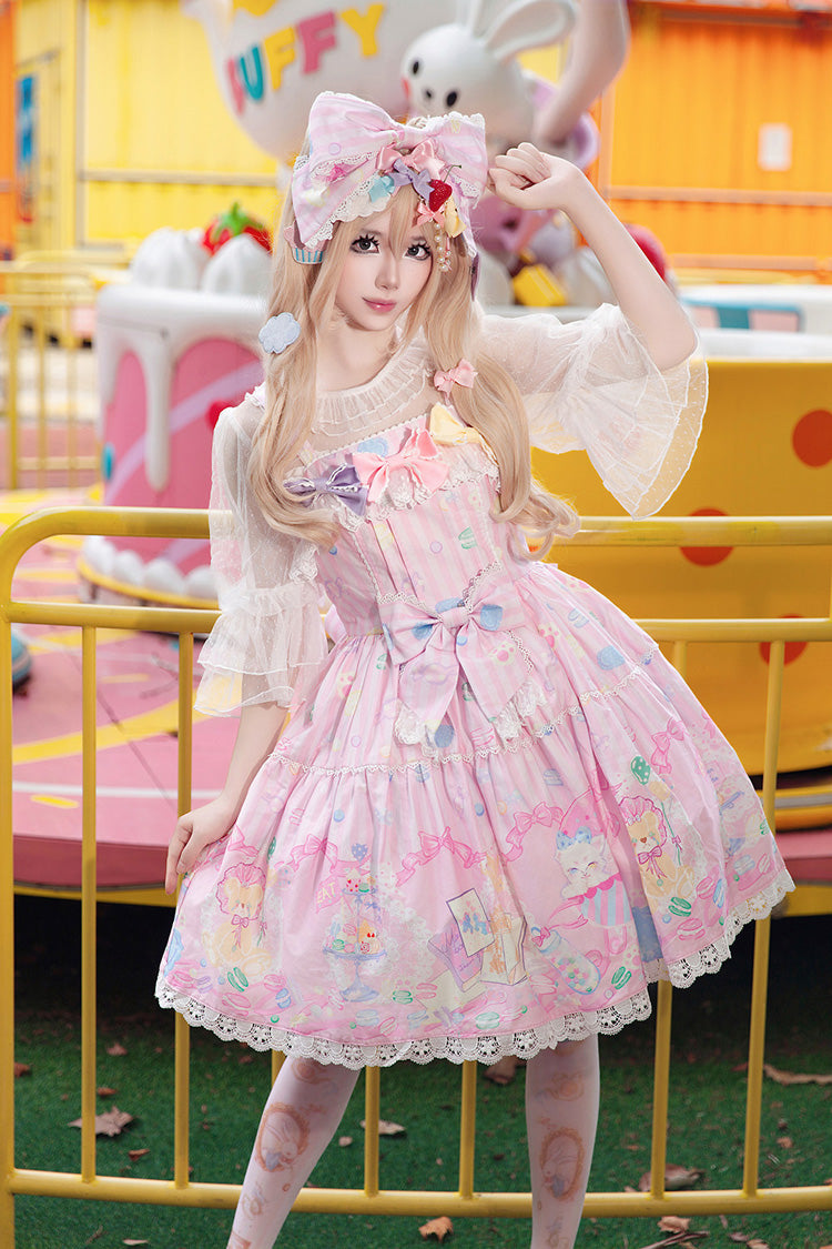 Rose Macarons Dolly House Square Neck Sleeveless Print Bow Sweet Lolita JSK Dress