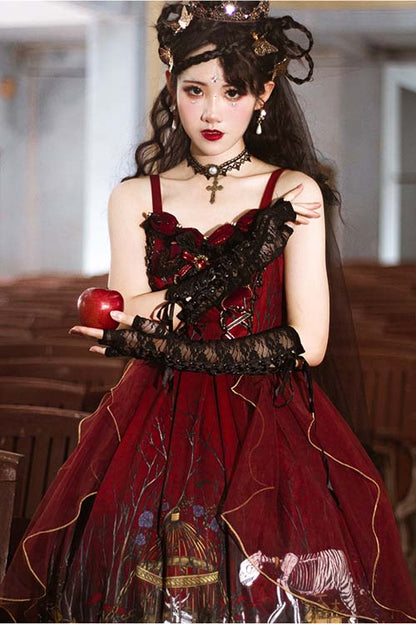 Red Chiffon Gothic Lolita JSK Dress with Forest Motif
