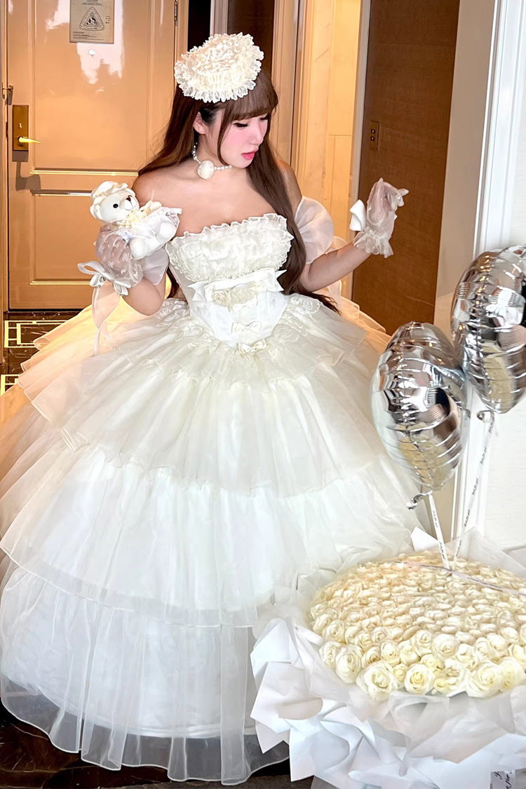 Mousse Serenade Triple-Layered Ruffled Hanayome Bow Lace Sweet Princess Lolita Strapless Dress in Beige