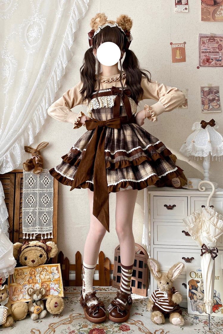 Brown Sleeveless Sweet Lolita Plaid Print Ruffle Bowknot JSK Dress