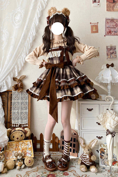 Brown Sleeveless Sweet Lolita Plaid Print Ruffle Bowknot JSK Dress