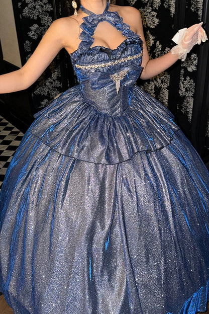 Sleeveless Glitter Skirt Set with Cut-Out Bow and Ruffles