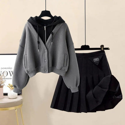 Pleated Hoodie Skirt Casual Set Pocket