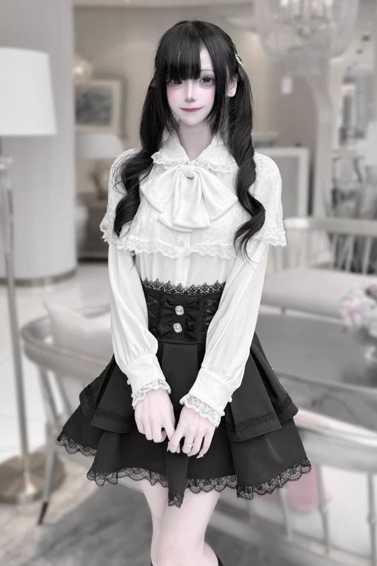 Long Sleeves Double-Layered Ruffled Embroidered Bow Lace-Up Gothic Jirai Kei Lolita Top Skirt Set
