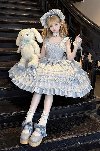 Blue Super Cute Belia Sleeveless Triple-Layered Ruffle Bowknot Lace Sweet Elegant Lolita Jsk Dress