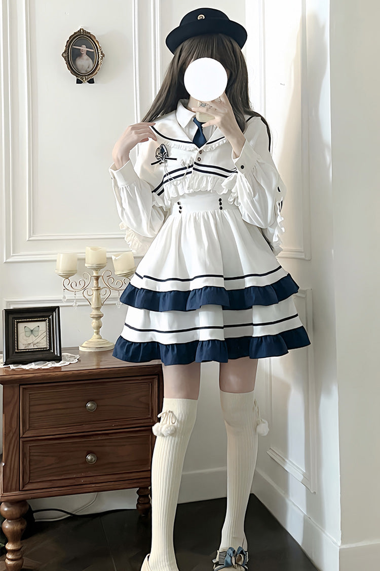 White Long Sleeve Double-Layer Ruffle Sweet College Lolita Dress
