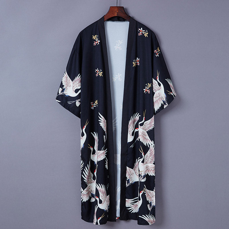 Kimono long cardigan vintage à grue noire