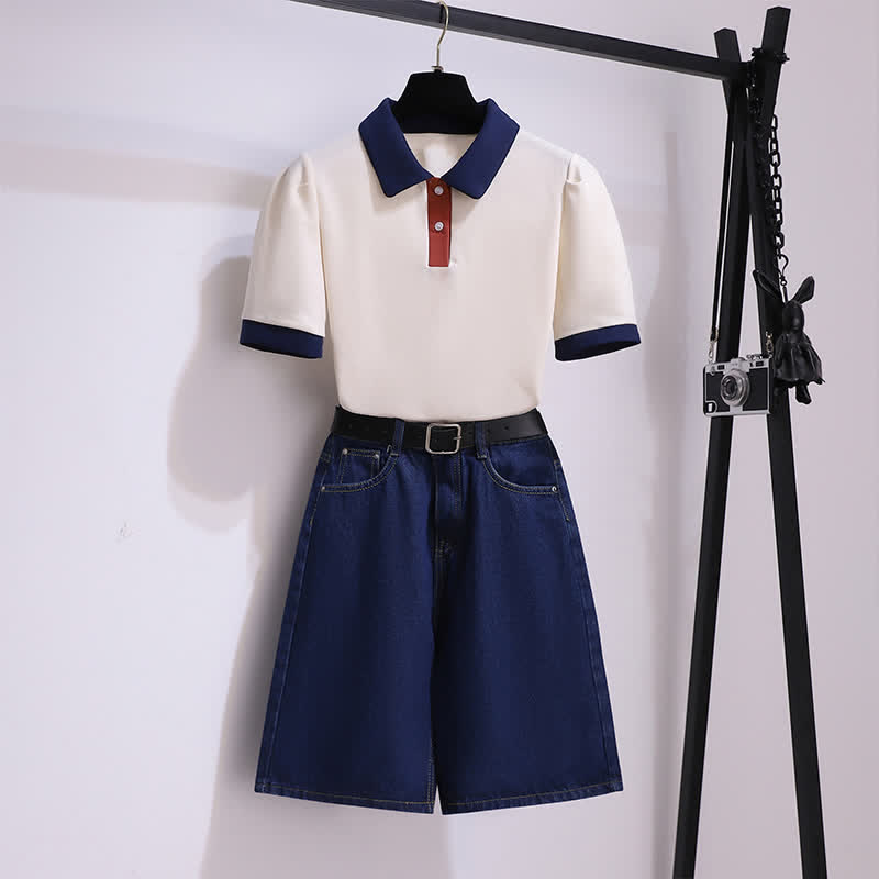 Lapel Shorts T-Shirt Colorblock Denim Belted