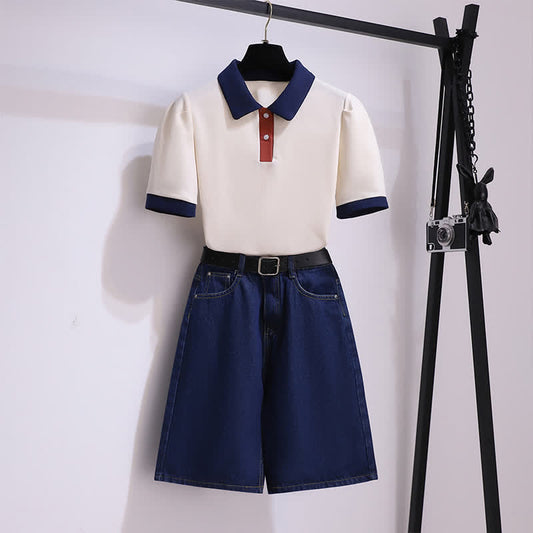 Lapel Shorts T-Shirt Colorblock Denim Belted