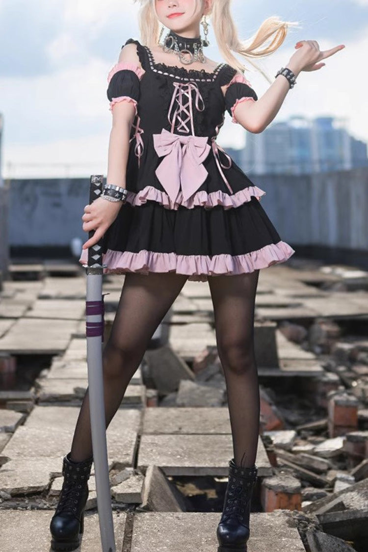 Black Pink Sleeveless Multi-Layer Ruffle Bow Sweet Lolita JSK Dress