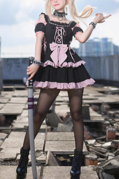 Black Pink Sleeveless Multi-Layer Ruffle Bow Sweet Lolita JSK Dress