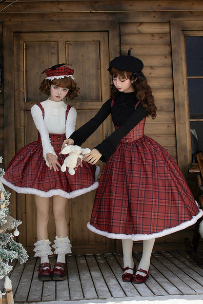 Crimson Striped Tartan Print Autumn Winter Fishbone Sweet Corset Lolita Dress
