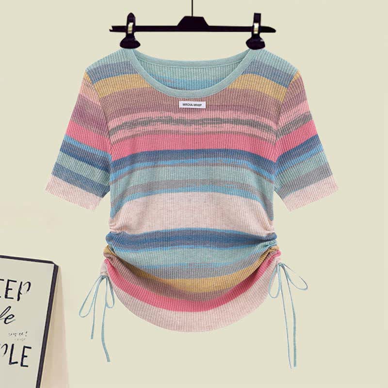 Rainbow Stripe T-Shirt Casual Draw String Shorts Pants modakawa