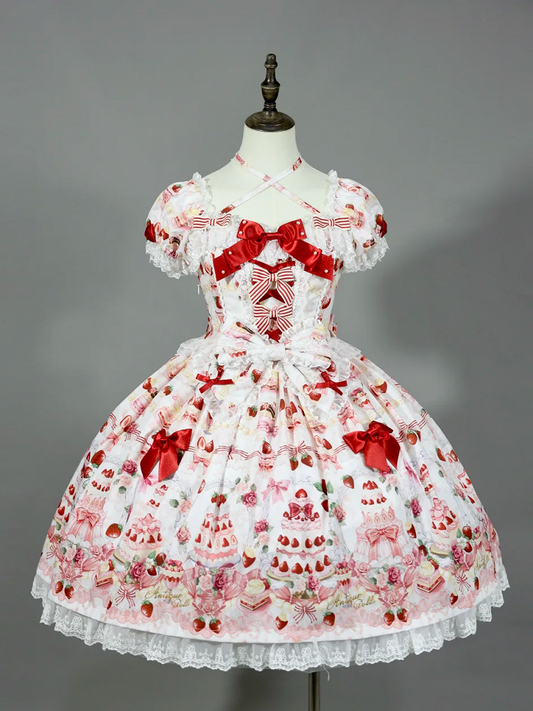 Strawberry Cake Print White Sweet Bow Accents Lolita Dress / Full Set