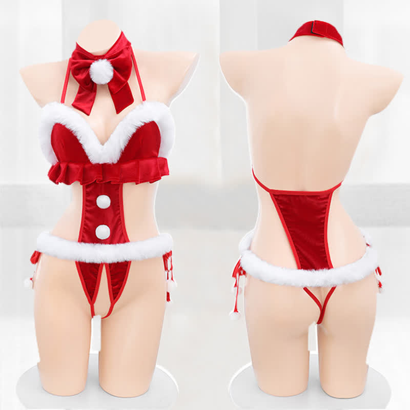 Christmas Hollow Out Bow Knot Velvet One-piece Lingerie Set