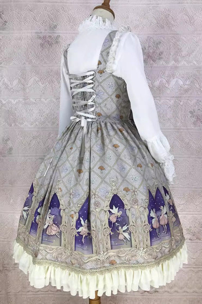 Dream Elf Print Ruffle Bowknot Jsk Dress - Sweet Lolita