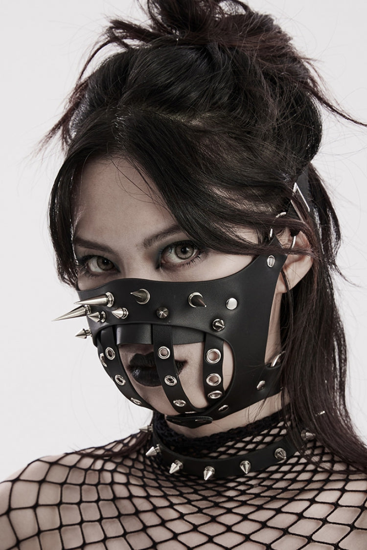 Steampunk Mask with Metal Rivet Decoration in Black Faux Leather for Women